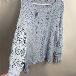 Source Unknown Light Blue Knit Sweater with Lace Sleeves